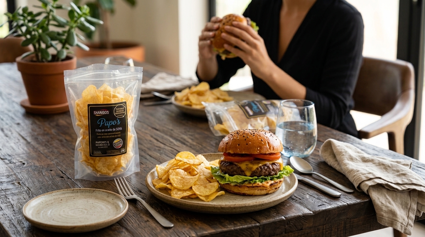 Papas Snacko's como acompañamiento de hamburguesa